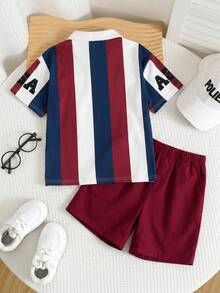 SHEIN 2pcs/Set Young Boys Summer Independence Day Casual Oversized Striped Polo Shirt & Red Shorts,Cute College Street Sports Graphic Outfit For Daily Wear - Multicolor - View 3