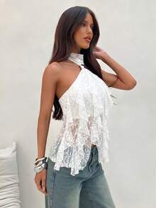 Camiseta ajustada de mujer con cuello alto y volantes multicapa elegante - Blanco - Ver 5