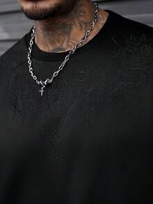 SLATEMANN 男士简约纯色刺绣细节圆领短袖T恤，春季 - 黑色 - 查看 2