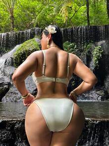 Swim SXY 大码女士褶皱比基尼套装，纯米色，性感欧美风格 - 米色 - 查看 2