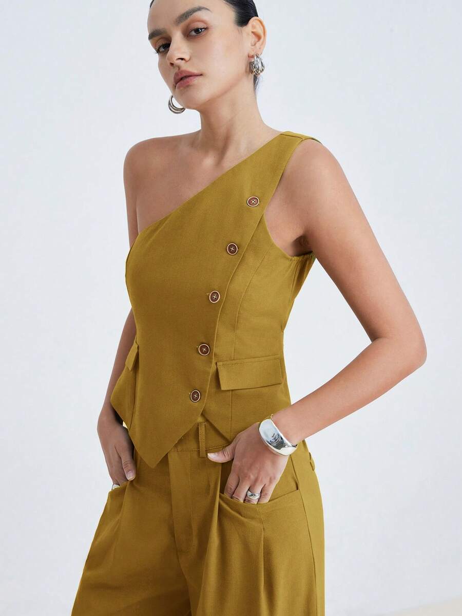 Aveloria Modichic Standard Size Solid Color Asymmetric Collar Sleeveless Vest And Wide Leg Pants Casual Elegant Suit Set Work Mustard Yellow Summer - Coffee Brown - View 1
