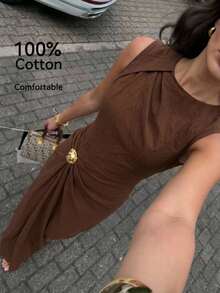 Lumalex Coffee Brown Summer Elegant Dining Dress For Women,100% Cotton Comfortable Ruched Asymmetrical Metallic Decor Sleeveless Quiet Luxury Party Dress - Coffee Brown - View 2