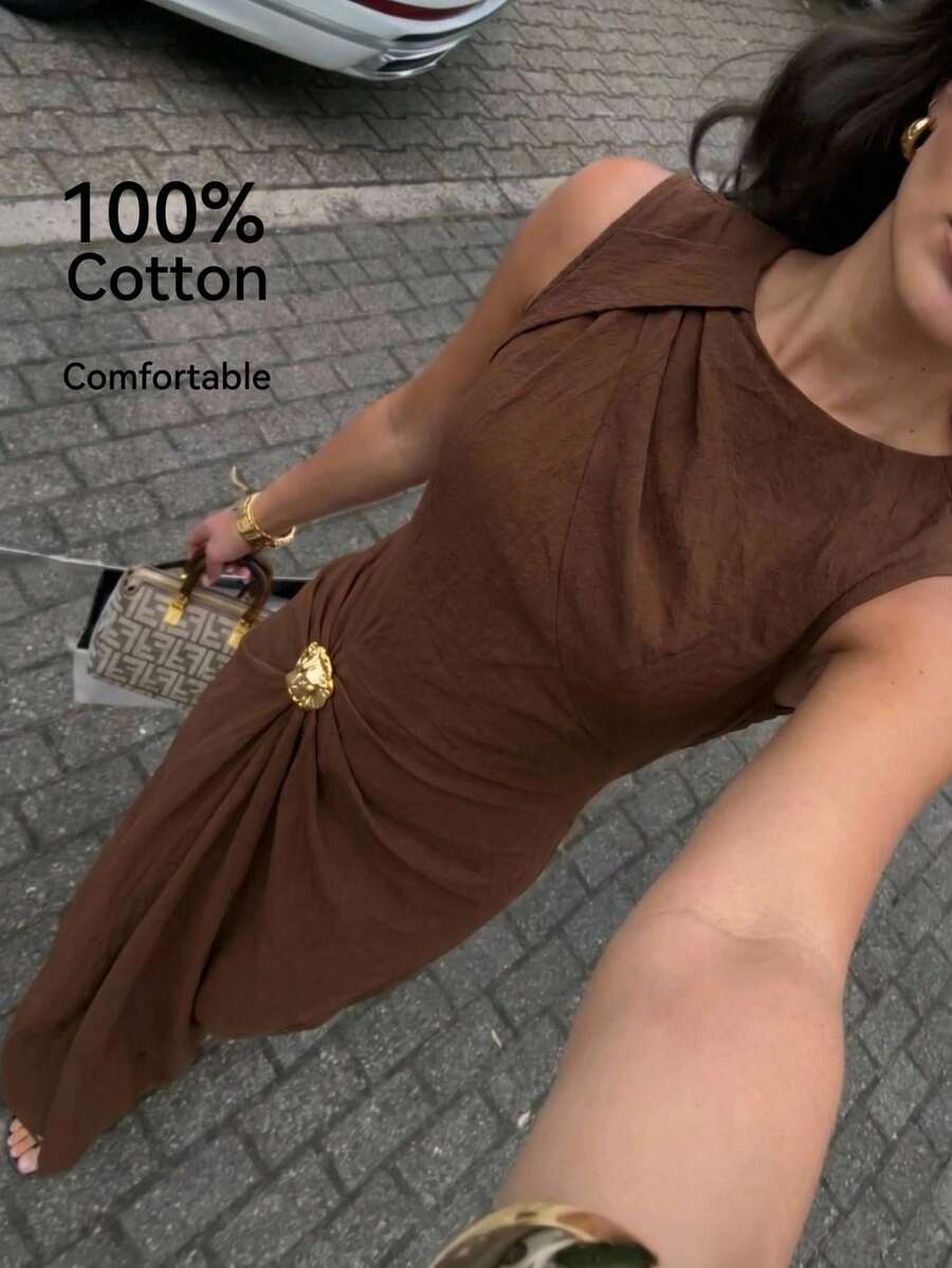 Lumalex Coffee Brown Summer Elegant Dining Dress For Women,100% Cotton Comfortable Ruched Asymmetrical Metallic Decor Sleeveless Quiet Luxury Party Dress