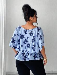 Elenzga Áo kiểu nữ cỡ lớn in họa tiết, tay cánh dơi, rộng rãi và thoải mái, thanh lịch và tinh tế, màu mơ chủ đạo với họa tiết in đen, phù hợp cho các bữa tiệc, tiệc trà chiều, đi làm, áo kiểu cỡ lớn đa năng. - Nhiều màu - Xem 2
