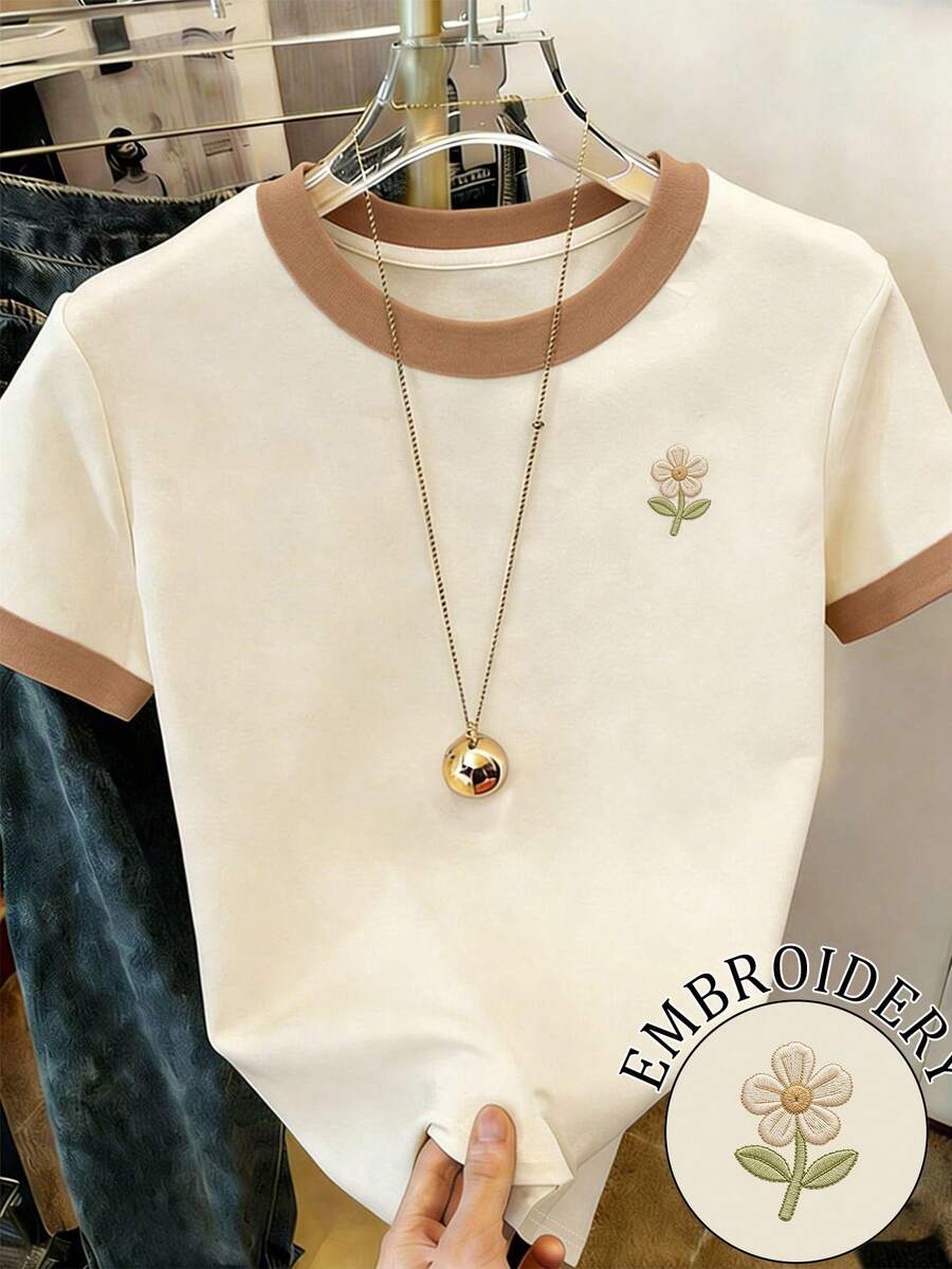 少女休闲简约碎花圆领短袖T恤,适合夏季穿着 - 彩色 - 查看 1