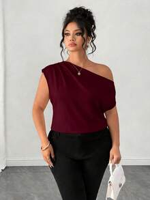 Elenzga Plus Size Women's Asymmetrical Shoulder Versatile Casual Blouse, Suitable For Spring/Summer, Commuting, Daily Wear, And Romantic Occasions - Burgundy - View 5