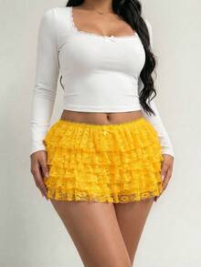 SHEIN SXY 蕾丝层叠荷叶边低腰短裙 - 黃色 - 查看 3