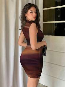 Firerie Women's Pleated Color Block Elegant Waist Fitted Mini Dress, Suitable For Dates And Outings - Brown - View 5