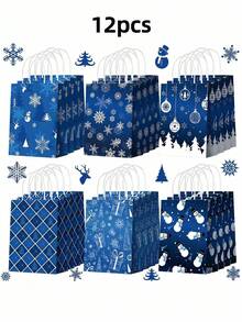 1/12 Stück blaue beschichtete Papiertüten mit stabilen Griffen, Winterschneeflocken-Muster, 6 einzigartige Designs, festliche Urlaubsverpackung, wasserdicht, strapazierfähig, schwere Ausführung, Großpackung für Partybevorzugungen, Weihnachtsdekoration, Geschenkverpackung, Urlaubsfeiern, Hochzeit, Geburtstag, Jahrestag, Einzelhandelseinkäufe, Dankeschön-Tüten - Verschiedenfarbig - Übersicht 12