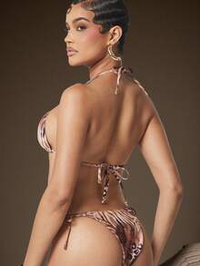 Hauture Top de bikini con cuello halter, decoración con cuentas doradas y estampado abstracto de animal sexy para mujer - Multicolor - Ver 2