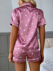 Pink Heart Print Contrast Piping PJ Set / Pajama Set - Dusty Pink - View 2