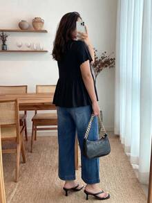 Áo thun Plus size Xù nhỏ Viên lá sen Trọn gói màu trơn Giải trí - màu đen - Xem 3