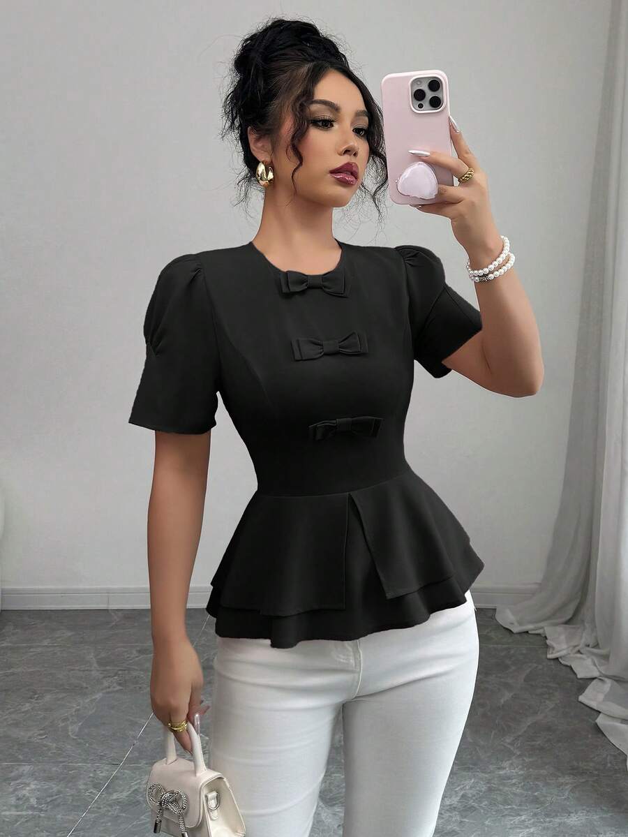 Elenzga 女款春夏法式優雅休閒度假通勤純色圓領收腰雙層A字版泡泡袖立體蝴蝶結裝飾短袖粉色襯衫 - 黑色 - 查看 1