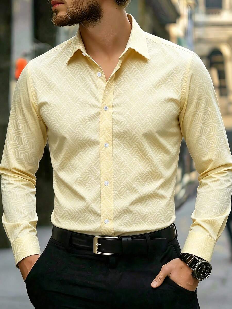 Manfinity Mode 男士時尚黃色立領長袖襯衫,夏季休閒商務辦公正式鈕扣襯衫,適用於日常工作、派對、典禮 - 淡黃色 - 查看 1
