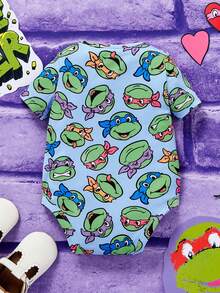 TEENAGE MUTANT NINJA TURTLES | SHEIN Bộ đồ liền thân ngắn tay in họa tiết thông thường dành cho bé gái mùa hè - Màu xanh lam - Xem 2