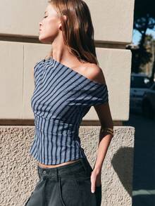Nöista Fitted Top In Diagonal Blue And Black Stripes, Asymmetrical Neckline Showing One Shoulder With A T Of Gathering On The Sides.Spring Festival, Summer - Baby Blue - View 4