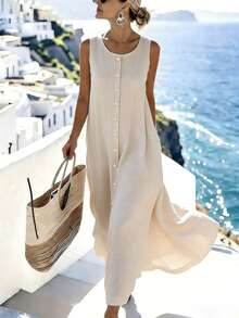 SHEIN Holidaya Đầm nghỉ mát không tay lãng mạn thanh lịch dành cho nữ - Màu Khaki - Xem 1
