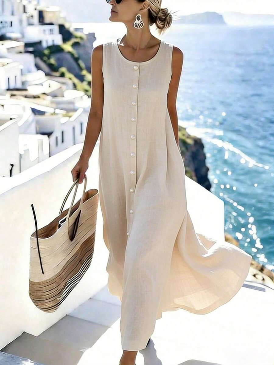 SHEIN Holidaya Đầm nghỉ mát không tay lãng mạn thanh lịch dành cho nữ - Màu Khaki - Xem 1
