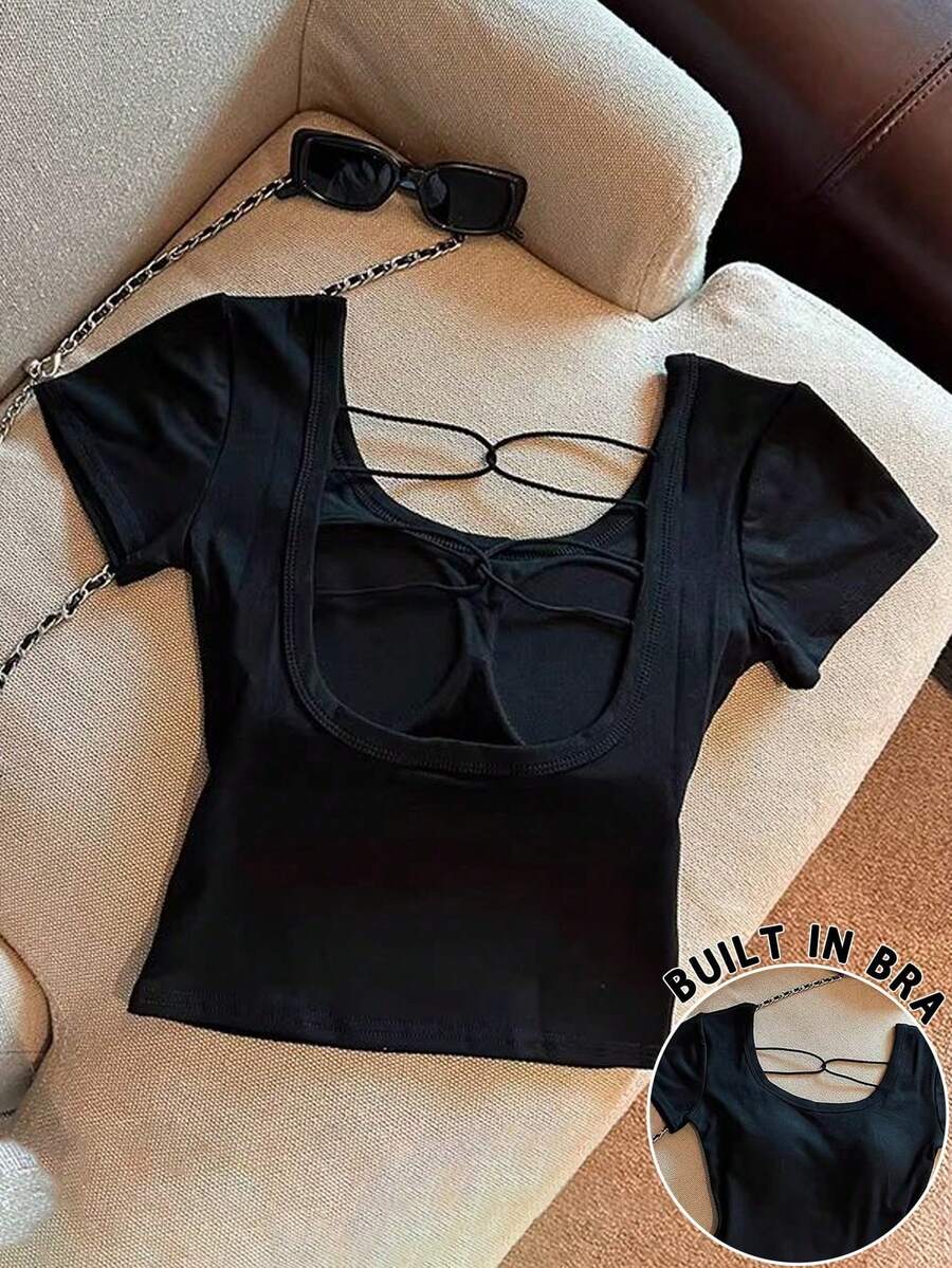 Franclia Plus Size Women Solid Color Hollow Out Padded Camisole Short Sleeve T-Shirt - Black - View 1