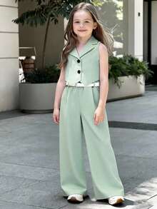 Elladie kids 两件套：米色吊带背心，正面饰有纽扣蝴蝶结，搭配阔腿裤，休闲套装，适合日常、活动、正式场合、返校季等场合。 - 綠色 - 查看 4