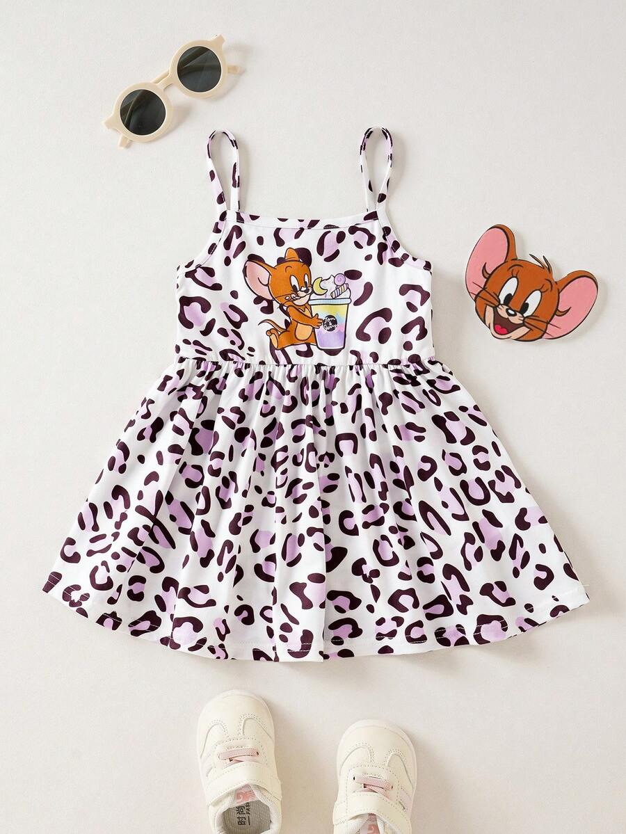 TOM & JERRY X SHEIN 女婴豹纹休闲吊带连衣裙 - 白色 - 查看 1