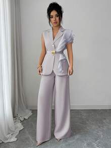 SHEIN Elenzya Bộ váy áo trang trọng sang trọng màu mơ dành cho nữ, gồm áo blazer không tay và quần ống đứng, chất liệu organza đính sequin, cổ bèo nhún và thắt eo, màu đỏ tía, thích hợp cho lễ Halloween, Giáng sinh, tiệc năm mới, lễ tốt nghiệp, đám cưới và các dịp khác. - Xám - Xem 6