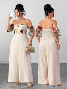 Elenzga Mono elegante con hombros descubiertos, bordado de rosas y malla floral para mujer de talla grande, con cintura ceñida, adecuado para fiestas y reuniones de primavera/verano - Albaricoque - Ver 8