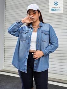 SHEIN EZwear 大码女式春秋季休闲日常通勤翻盖口袋牛仔衬衫 - 淺色水洗藍 - 查看 1