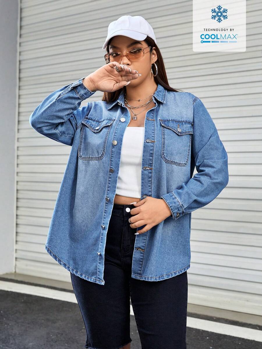SHEIN EZwear 大码女式春秋季休闲日常通勤翻盖口袋牛仔衬衫 - 淺色水洗藍 - 查看 1