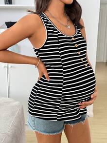 SHEIN Áo tank top cho bà bầu kẻ sọc có cúc cài - Đen và trắng - Xem 5