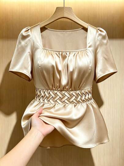 Franclia Áo kiểu nữ cỡ lớn, màu trơn, chất liệu satin, xếp ly, tay ngắn, thích hợp cho mùa xuân/hè.