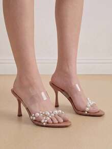 Eladyva Sandalias de tacón alto transparentes y desnudas para mujeres con decoración de perlas, sandalias de tacón alto simples y elegantes con punta puntiaguda para fiestas de verano, modernas y cómodas - Albaricoque - Ver 3