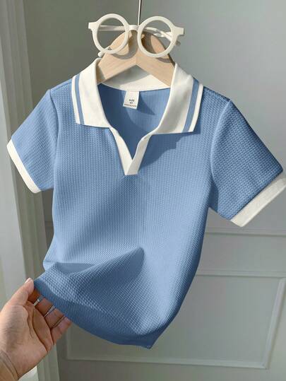 SHEIN Young Boys' White Textured Fabric Polo Shirt, Casual, Comfortable, Fashionable, Versatile, Soft Fabric, Suitable For Daily Wear, Travel, Outdoor, Holiday Parties, Summer Beach Vacation, Spring/Summer