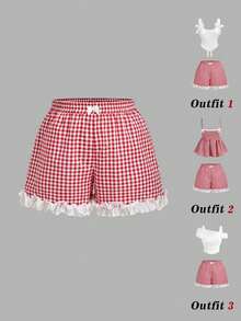 SHEIN MOD Plus Size Summer Red & White Plaid Shorts, Frill Trim Design, Suitable For Girls, Casual Wear, Vacation, Daily, School - Red and White - View 5