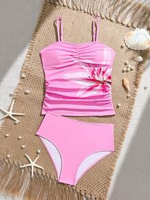 SHEIN Áo bikini hai mảnh họa tiết hoa dành cho bé gái, thời trang và phong cách, thích hợp cho mùa hè đi biển, bơi lội, suối nước nóng và kỳ nghỉ. - Màu Hồng baby - Xem 1