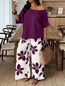 Weeklong Conjunto de 2 piezas de talla grande de verano con top de hombro asimétrico de unicolor elegante y pantalones con estampado floral - Multicolor - Ver 3