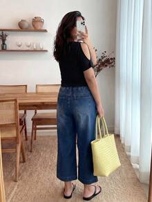 Enliva Áo thun Plus size Tương phản ren Cắt ra màu trơn Giải trí - màu đen - Xem 3