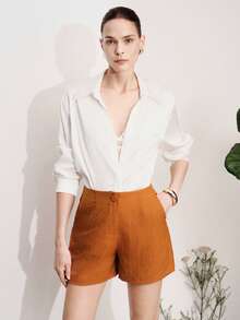 Aveloria Modichic Pantalones cortos de tiro medio con botones, con bolsillos delanteros, adecuados para uso casual y de negocios, pantalones cortos de cintura alta en tono albaricoque, cierre con botones, pierna recta, tejido similar al lino mate, estilo minimalista retro, adecuado para uso casual en primavera/verano, vacaciones en la playa, uso diario, salidas de fin de semana. Tono albaricoque, diseño de cintura alta, cierre con botones, corte recto, textura similar al lino, acabado mate, minimalista retro, pantalones cortos de primavera/verano, casual de vacaciones, comodidad diaria, actividades al aire libre. - Naranja Quemada - Ver 3