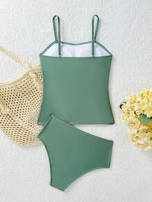 SHEIN 两件式坦克尼泳衣，蓝色条纹女童泳衣，少女泳衣，蓝色条纹泳衣，蓝色泳衣，夏季假期 - 綠色 - 查看 2