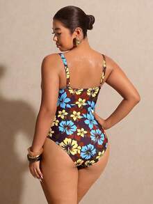 Elaquor Traje de baño de una pieza con escote en V profundo y estampado floral para mujer de talla grande - Multicolor - Ver 2