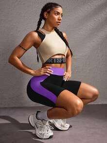 Powerista Women's Blue Color Patchwork Slim-Fit Casual Sport Shorts, For Daily Fitness & Gym, Everyday Wear Casual Airport Back To School Winter Elegant Spring Summer Running Yoga Pitalles Indoor Outdoor Activie Casual Capsule Wardrobe Everyday Oversized Tee Airport Back To School Winter Elegant Summer All Season - Purple - View 9