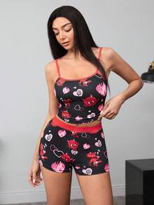 HOT STUFF X SHEIN Women All-Over Print Camisole And Shorts Tight Pajama Set - black red - View 7