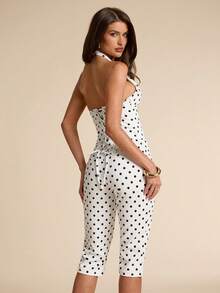 SHEIN BAE Combinaison élégante et sexy à pois blancs et noirs, style rétro avec taille cintrée, pour les vacances d'été, les sorties mode, les cocktails, les brunchs et les rendez-vous - Noir et Blanc - Voir 2