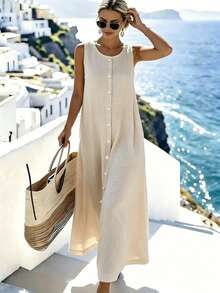 SHEIN Holidaya Đầm nghỉ mát không tay lãng mạn thanh lịch dành cho nữ - Màu Khaki - Xem 6