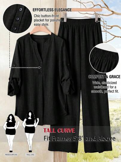 SHEIN Tall CURVE Plus Size Women's Spring/Autumn Casual Vacation & Commute Solid Color Notched Neck Roll Tab Sleeve Shirt And Wide Leg Pants 2-Piece Set