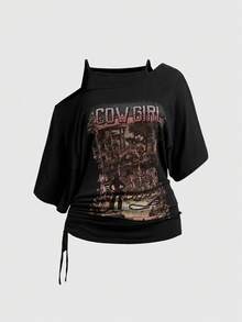 ROMWE Grunge Punk Grunge朋克复古印花西部牛仔图案不对称加大码T恤，女款棕色拼接黑色二合一印花T恤 - 黑色 - 查看 1