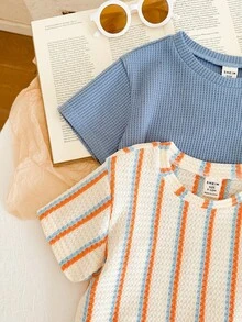LMoss Kids 4件套男婴针织纯色圆领条纹休闲T恤和短裤套装 - 彩色 - 查看 5