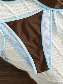 Swim Mod New Arrival Spring/Summer Blue Contrast Color Halter Bikini, Sexy Beach Vacation Tie-Up Two Pieces Swimwear - Multicolor - View 6