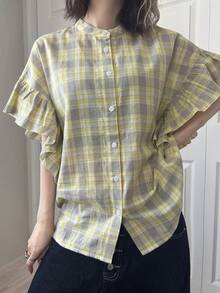 FRIFUL 女士圆领荷叶袖拼接宽松格子撞色衬衫 夏季 - 彩色 - 查看 4