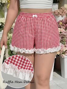 SHEIN MOD Plus Size Summer Red & White Plaid Shorts, Frill Trim Design, Suitable For Girls, Casual Wear, Vacation, Daily, School - Red and White - View 9